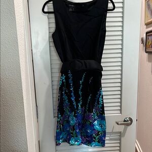 NWT Spense black and blue purple floral print belted cotton dress sz 8